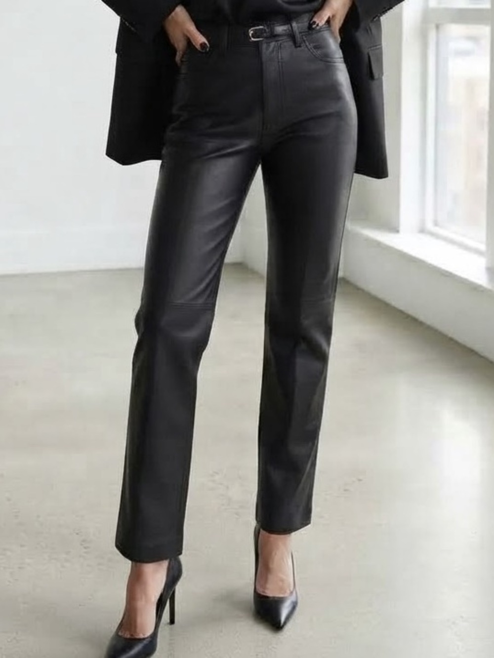 Vintage Brandon Thomas Black Genuine Leather Straight-Leg Pants